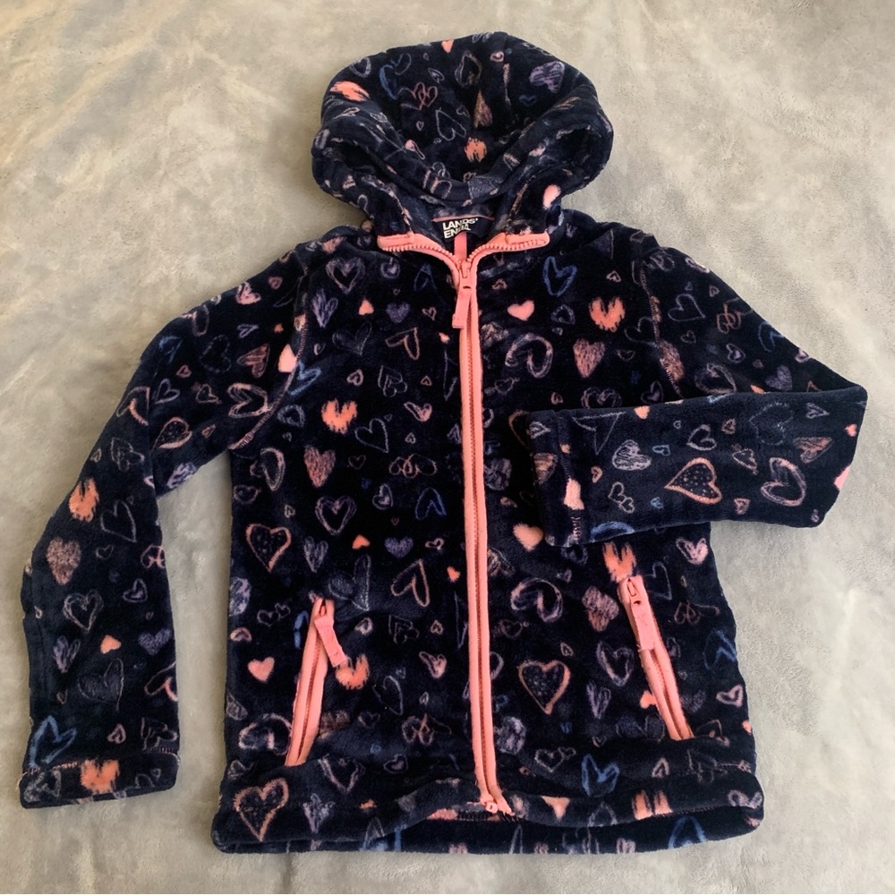 Lands end softest fleece zip up hoodie Heart Patterned  Jacket Medium size 8